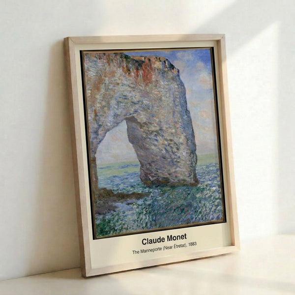 Serene impressionist seascape with a majestic seaside rock formation and arch, painted in soft grays, ochres, and blues creating a contemplative mood.