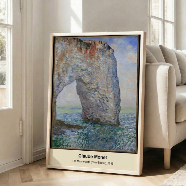 Contemplative impressionist artwork showing a natural coastal arch and rocky cliffs meeting calm waters, rendered in pale blues and golden earth tones.
