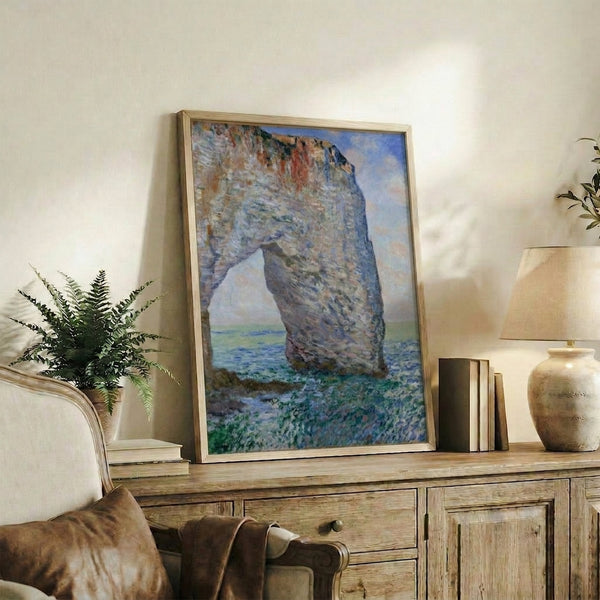 Luminous impressionist painting of a seaside arch formation with golden cliffs and serene beach landscape in soft, muted color palette.