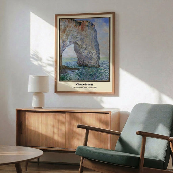 Peaceful coastal impressionist print featuring a monumental natural stone arch framing the sea beyond, composed in cream, pale blue, and ochre hues.