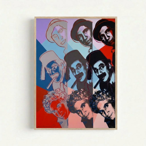 Vibrant Warhol-inspired artwork depicting the Marx Brothers with saturated hues and repeated motifs characteristic of 1960s pop art movement.