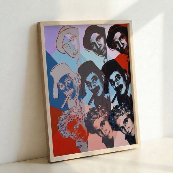 Framed print of Marx Brothers pop art composition displaying bright, contrasting colors and stylized faces in contemporary Warhol-style technique.