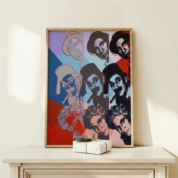 Bold modern art print showcasing the Marx Brothers in pop art style with vivid color blocking and graphic portrait treatment.