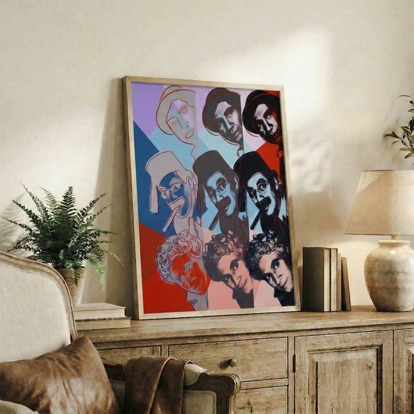 Contemporary pop art print of the Marx Brothers rendered in bright, saturated tones with high-contrast silkscreen aesthetic.