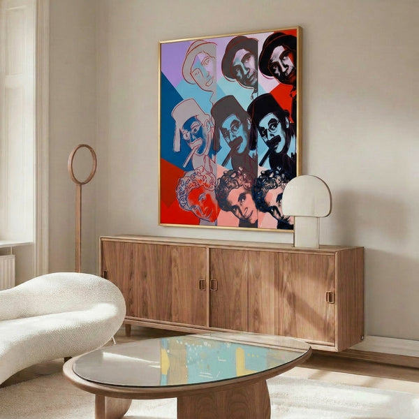 Framed pop art poster celebrating the Marx Brothers with dynamic color palette and Warhol-style bold graphic presentation.