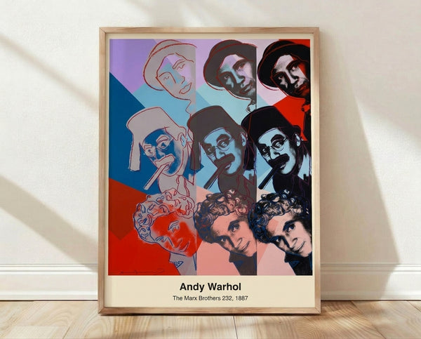 Pop art portrait of the Marx Brothers in vibrant primary colors and high contrast, featuring bold electric blue and vivid red tones celebrating classic comedy icons.