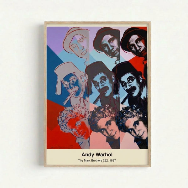 Framed pop art print depicting the Marx Brothers with bright, saturated colors and striking contrast in signature Warhol style modern wall art.