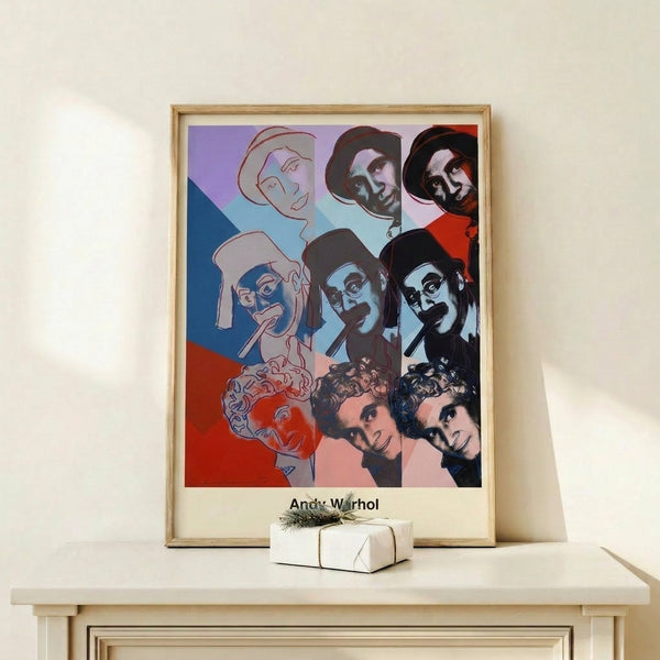 Vibrant pop art print honoring the Marx Brothers with vivid primary colors and dynamic contrast, creating an iconic celebratory image for modern interiors.