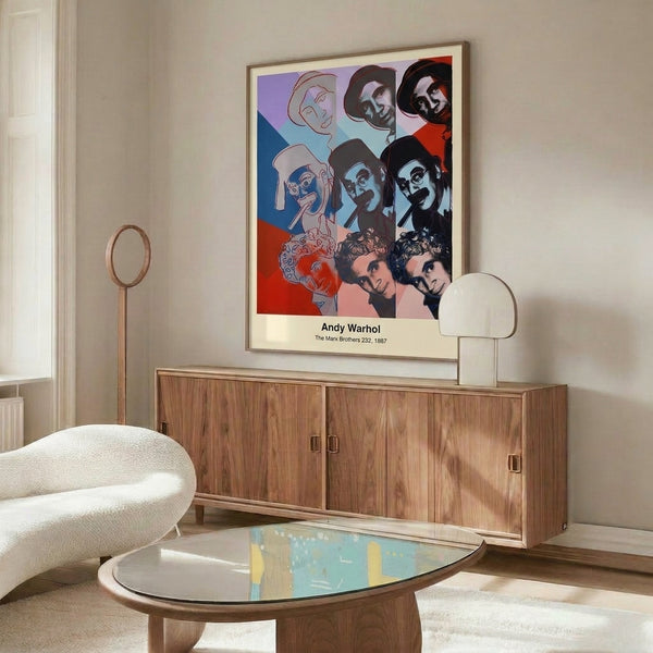 Pop art wall art depicting the Marx Brothers in striking primary colors with electric blue and vivid red highlights and bold graphic contrast throughout.