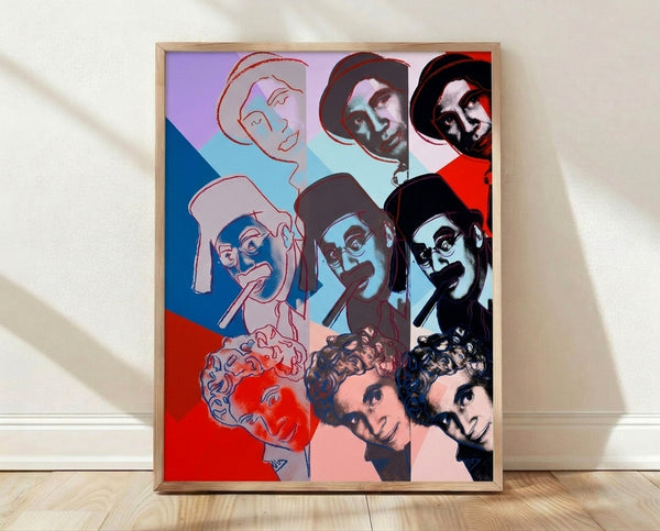 Pop art framed poster featuring bold, colorful portraits of the Marx Brothers in Warhol's iconic silkscreen style with vibrant jewel tones.