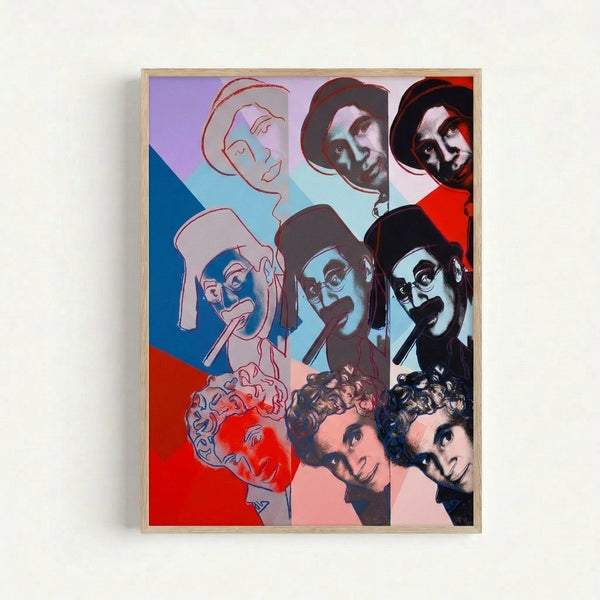 Vibrant framed print displaying stylized portraits of comedy icons the Marx Brothers rendered in bright pop art colors and graphic shapes.