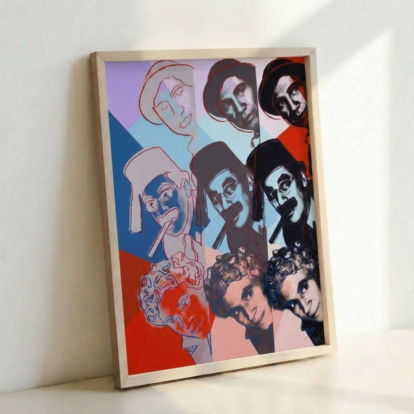 Modern wall art print showing the Marx Brothers rendered in high-contrast pop art style with rich, saturated color blocking.