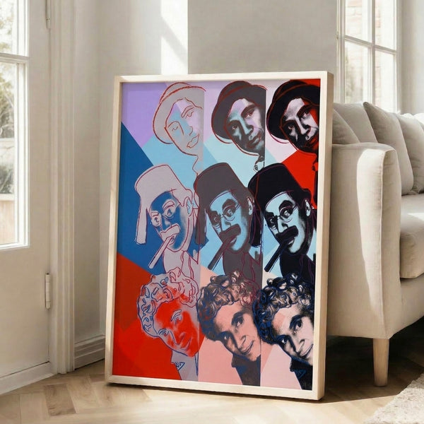 Framed poster of the Marx Brothers in pop art aesthetic, featuring Warhol-inspired bright neon and jewel-tone color palettes.