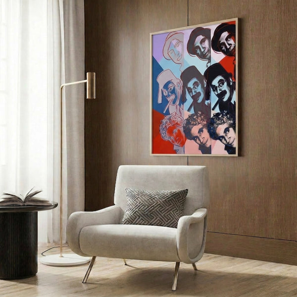 Wall art print presenting the Marx Brothers in striking pop art style with luminous color and graphic portrait treatment.