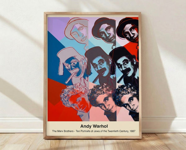Pop art portrait of the Marx Brothers in bold primary colors and neon tones with high-contrast black and white, framed as a modern wall art print.