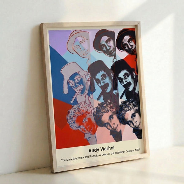 Satirical pop art portraits featuring the Marx Brothers in striking neon tones and bold primary hues with graphic black and white elements, framed wall art.