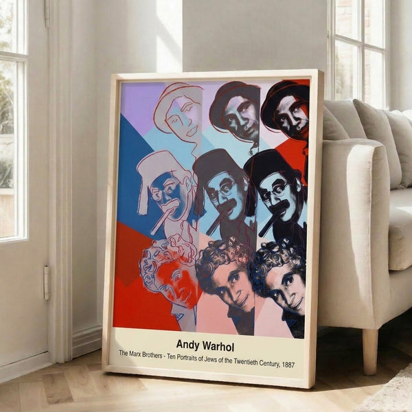 Modern pop art interpretation of Marx Brothers portraits in vivid neon and primary color schemes with bold graphic contrast, presented as a framed art print.