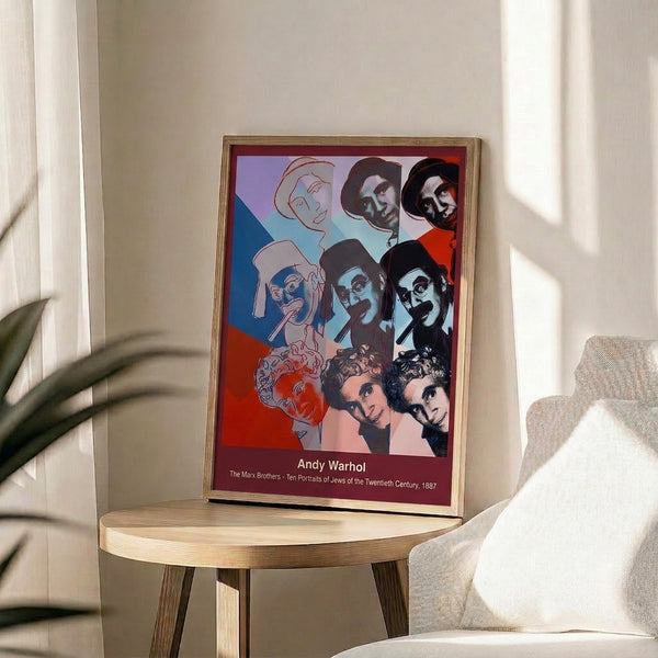 Iconic pop art composition showcasing Marx Brothers faces in luminous neon tones and bright primary colors with dramatic black and white treatment, framed poster.