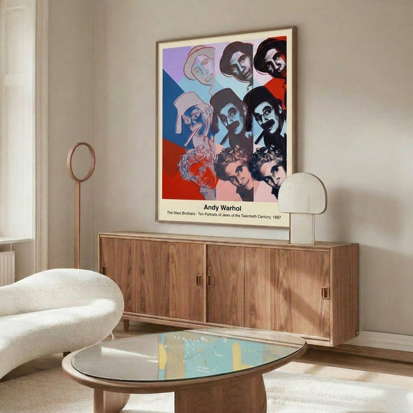 Bold pop art portrait series of the Marx Brothers rendered in neon-bright and primary color palette with strong black and white graphic elements, framed wall art.