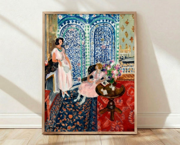 Framed abstract poster featuring bold geometric shapes and vibrant jewel tones in a Matisse-inspired composition celebrating decorative design.
