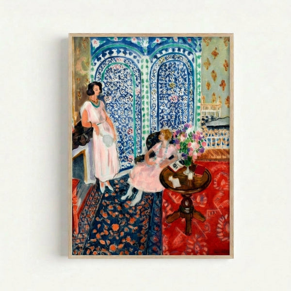 Modern art print with layered cut-out forms in rich blues, greens, and warm ochres, evoking the elegance of Moorish textile patterns.