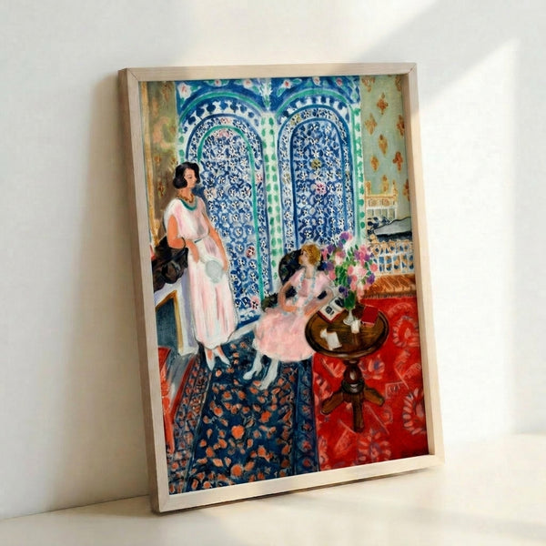 Colorful framed artwork displaying interlocking organic and geometric shapes in saturated hues, capturing the essence of mid-century decorative abstraction.