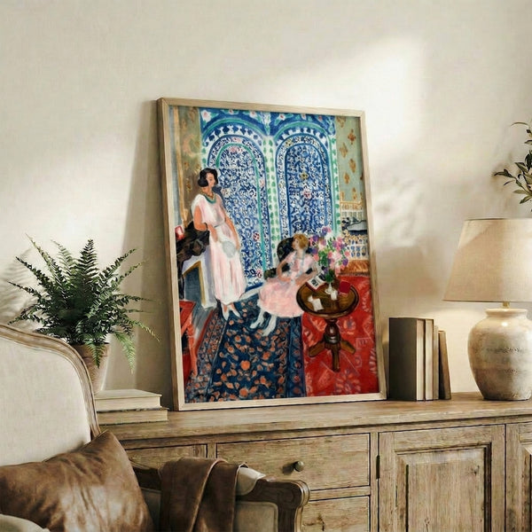 Matisse-style framed print featuring simplified forms and a harmonious palette of deep jewel tones arranged in a rhythmic composition.