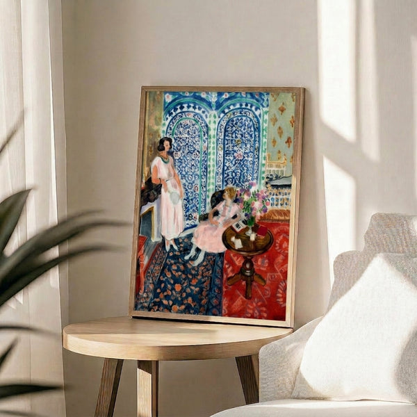 Abstract art print in warm and cool color contrasts, with curving and angular shapes suggesting the influence of traditional screen design and textile art.