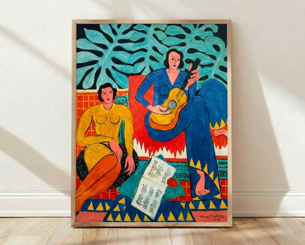 Abstract modern poster featuring colorful figures in a rhythmic composition, celebrating the joy and movement of music through bold simplified forms and a vibrant palette of blues, reds, and earth tones.