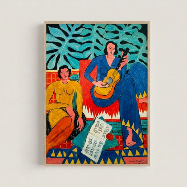 Framed art print showcasing a dynamic musical scene with stylized human figures dancing and playing instruments in warm and cool hues, evoking a cheerful, harmonious mood.