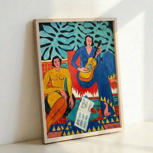Contemporary wall art displaying an abstract interpretation of musicians and dancers rendered in bright colors and flowing curves, capturing the spirit and energy of musical expression.