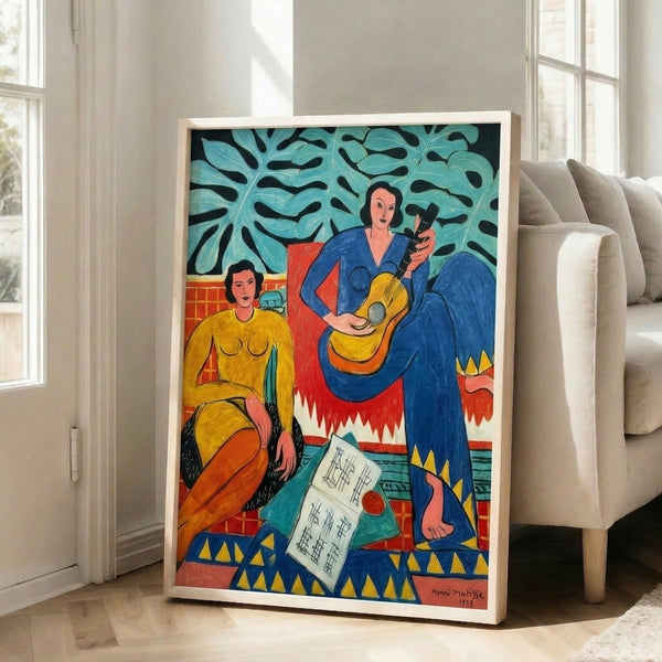 Modernist poster art with playful figures engaged in musical activity, rendered in a flat graphic style with rich jewel tones and natural colors creating an uplifting, harmonious atmosphere.