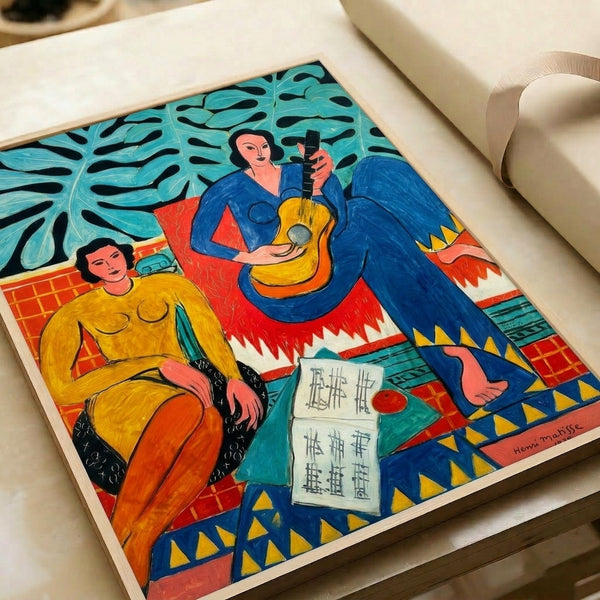 Wall art print with an abstract musical gathering, rendered in vibrant flat colors and simplified forms that evoke the freedom and pleasure of shared musical experience.