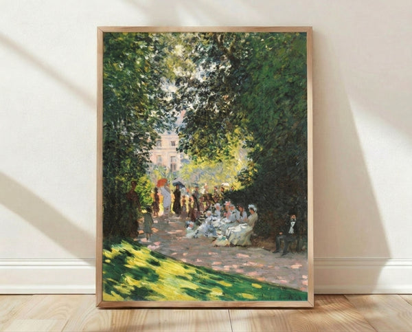 Impressionist painting of Parc Monceau with soft brushstrokes depicting a park scene in muted blues and greens, framed as a vintage art print on a wall.