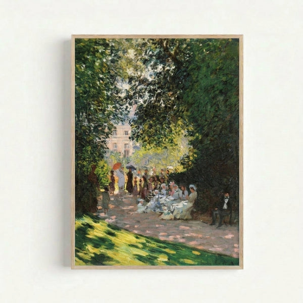 Monet's Parc Monceau rendered in delicate light blue and earthy tones, showing a serene landscape in classic Impressionist style as a framed poster.