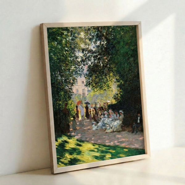 Tranquil park landscape in pale blues and greens with loose, impressionistic brushwork characteristic of Monet's technique, displayed as a framed print.