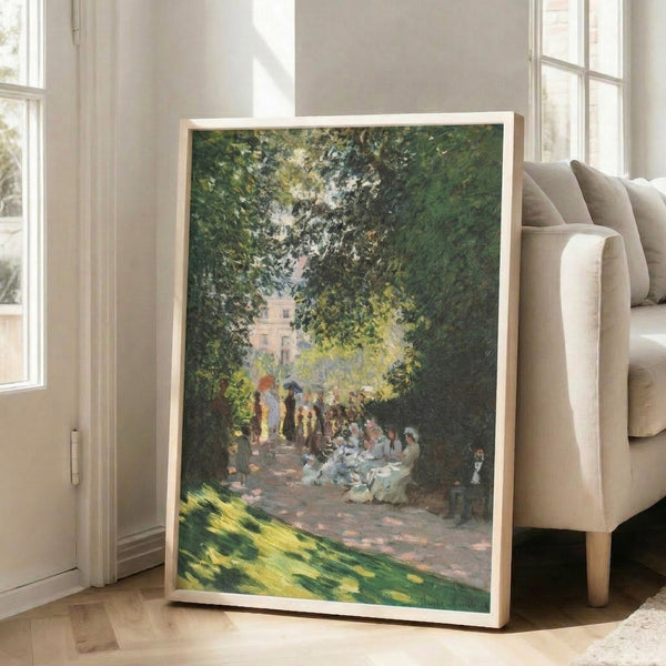 Soft-toned Impressionist scene of Parc Monceau with atmospheric depth in cool blues and warm earth colors, presented as a vintage-style framed artwork.