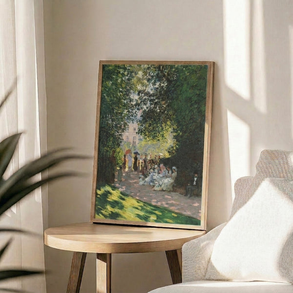 Peaceful park composition in delicate blues and greens capturing natural light and movement through Monet's signature Impressionist brushstrokes, framed on wall.