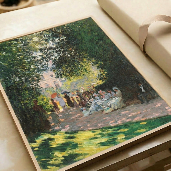 Monet's serene depiction of Parc Monceau in subtle blues and greens with luminous Impressionist handling, shown as a framed vintage poster.