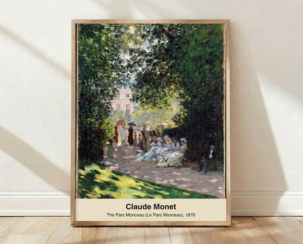 Monet's Parc Monceau 1876, an Impressionist painting featuring dappled sunlight filtering through trees in soft greens and blues, framed on a wall as a serene art print.