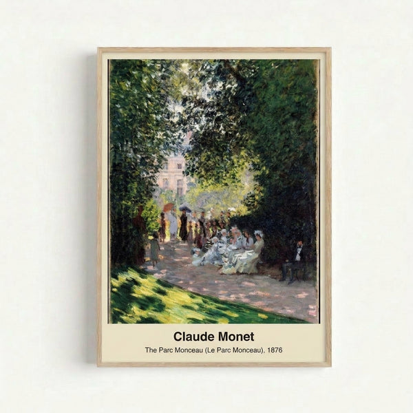 Serene Impressionist landscape of a sunlit park with luminous foliage in pale blue and golden tones, capturing the tranquil mood of Monet's Parc Monceau.