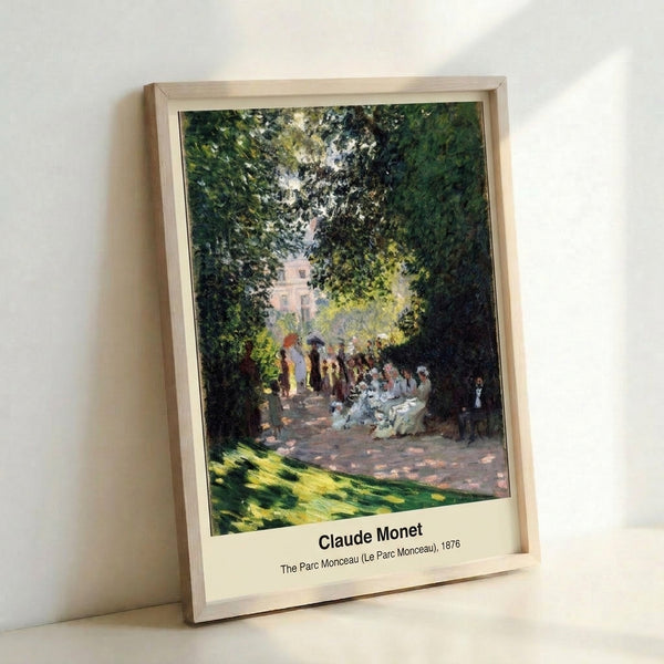 Framed Impressionist poster of Parc Monceau with soft green leaves and warm beige light, evoking a contemplative moment in nature through gentle brushwork.