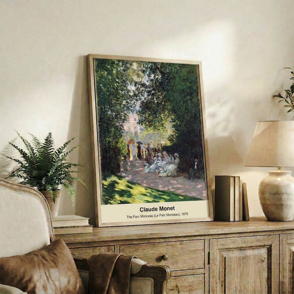 Luminous Impressionist composition of trees and foliage in a park setting, with soft golden light and cool blue shadows creating a meditative atmosphere.