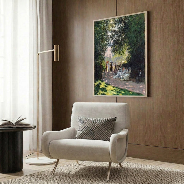 Vintage Impressionist painting of Parc Monceau by Monet, featuring pale blues, warm greens, and radiant light filtering through leafy branches.