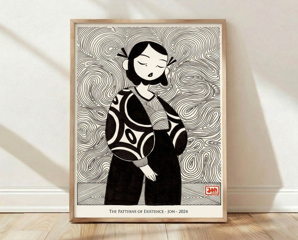 Abstract line art portrait of a woman in black ink on cream background, featuring minimalist continuous line drawing with a contemplative, meditative mood.