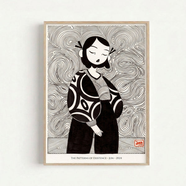 Minimalist faceless portrait rendered in flowing black lines on white, capturing an introspective feminine figure through modern line art technique.