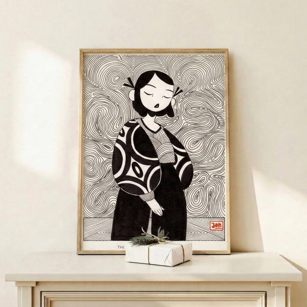 Contemporary line art print depicting an abstract female figure in black on cream, emphasizing meditative simplicity through minimalist linework.