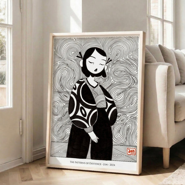 Contemplative woman portrait executed as black ink line art on white background, showcasing abstract modern aesthetic with introspective energy.