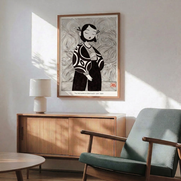 Framed abstract line art poster featuring a faceless woman rendered in minimalist black strokes on cream, conveying meditative introspection.