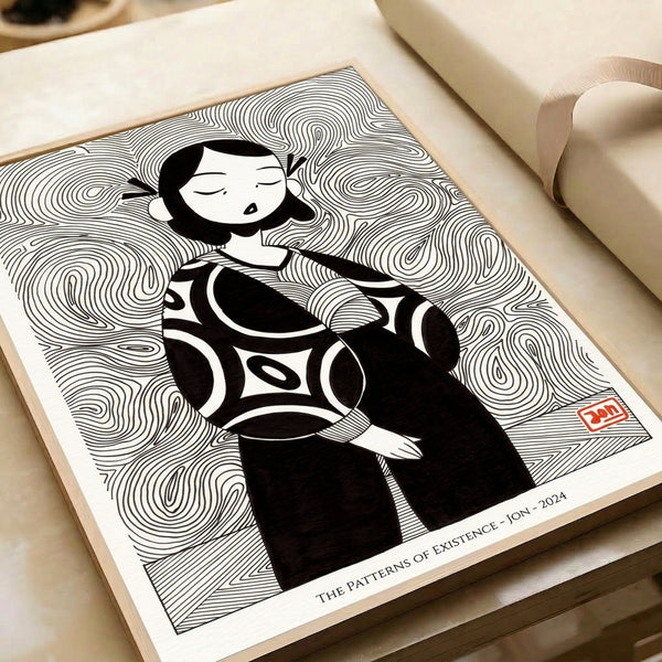 Modern continuous line drawing of a female figure in black on white, presenting an abstract contemplative portrait with minimalist artistic approach.